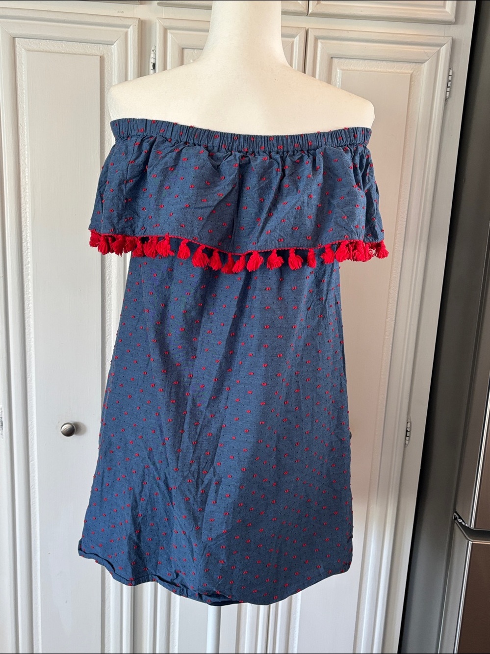 Cooper & Ella Beatriz Blue Red Pom Pom Off Shoulder Cotton Dress S